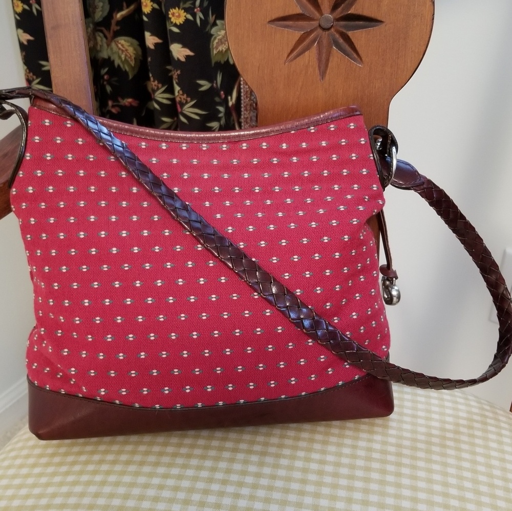 Brighton Tapesstry Red Fabric & Brown Leather Shoulder Bag - Picture 1 of 8